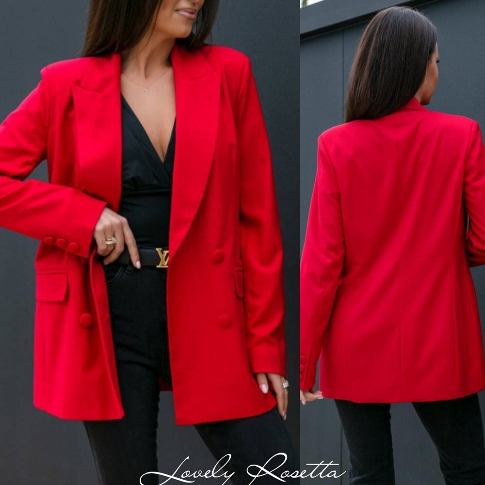 Red Women's Double-Breasted Blazer - Picture 6 of 8